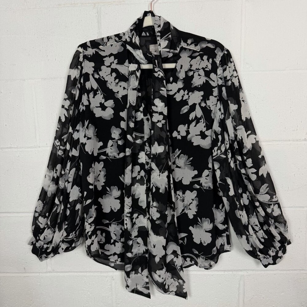 Chico's Black & White Floral Sheer Lined Poet Blouse Tie-Neck Office Fairy 12/14